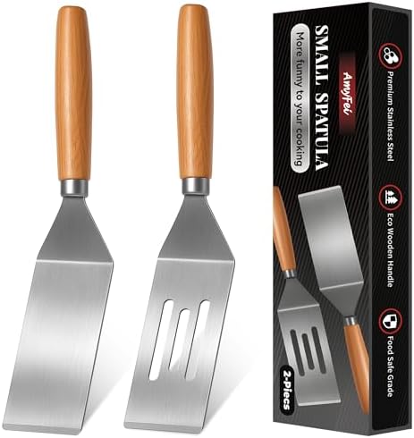 Stainless Steel Mini Spatula,Wooden Handle Small Spatula for Steak,Burger by AmyFei