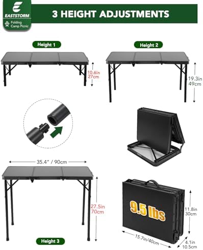 E EASTSTORM 3 Ft Small Folding Table, 3-Height Camping Table Foldable,Black - Image 2
