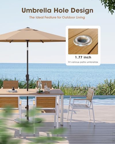 Outdoor Dining Set for 8, Aluminum Patio HDPS Outdooor Table and Chairs Set with Umbrella Hole, All Weather Patio Furniture Set, 10 Peice Patio Dining Table Set (White & Teak) - Image 4