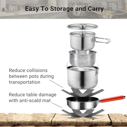 Camping Cookware Set 304 Stainless Steel Cooking Pots Pan Set with Travel Tote Bag for Camping Outdoor Kitchen Cooking Picnic for 4-6 - Image 5