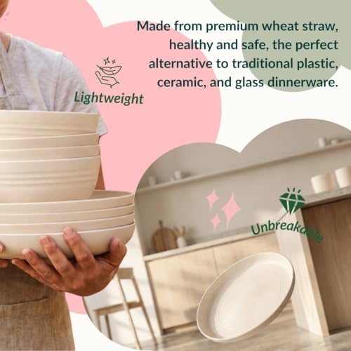 Homienly Wheat Straw Dinnerware Sets, 20pcs Lightweight Unbreakable Dinnerware, Microwave Dishwasher Safe Bowls Cups Forks Spoons set,Perfect for Camping Outdoor, Beige - Image 5