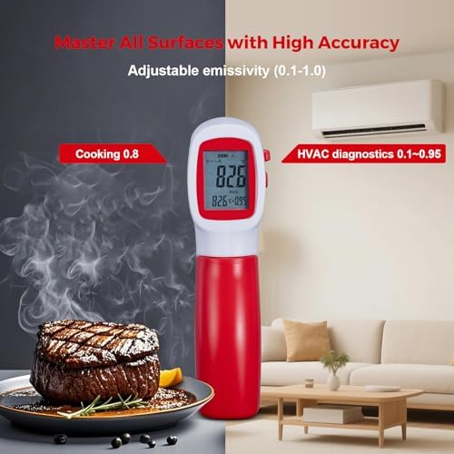 Infrared Thermometer for Meat,Laser Temperature Gun,-58~1112°F,DS 12:1 Digital IR Temp Gun with Adjustable Emissivity&High/Low Alarm,LCD Display Thermal Gun for Food Oven Cooking HVAC - Image 6