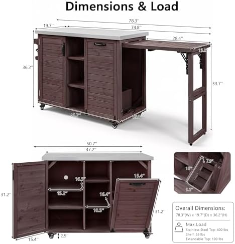 Merax 78.3" Outdoor Kitchen Island with Foldable Grill Table, Wooden Outdoor Grill Cart with Trash Can Storage & Stainless Steel Top, Outdoor Bar Cart, Pizza Oven Table for Lawn & Garden, Dark Brown - Image 2