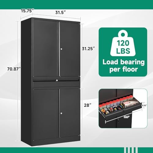 Letaya Metal Garage Storage Cabinet with Drawer,4 Door Tool Cabinet with Lock-2 Adjustable Shelves for Garage Home Office Utility Room (Black) - Image 3