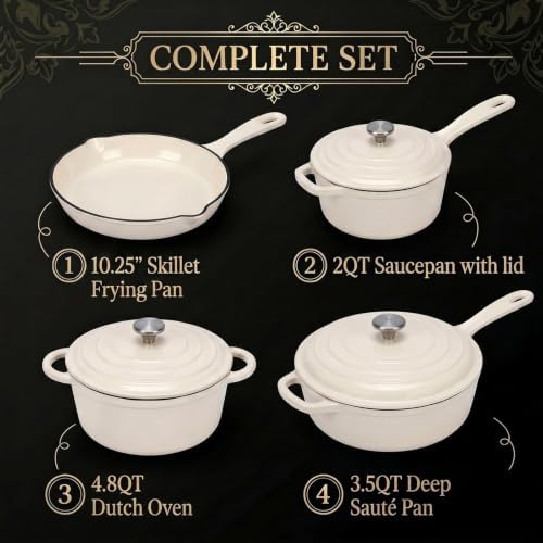 Nonstick Enameled Cast Iron Cookware Set, 4-Pcs Pots and Pans with Lids - Image 2
