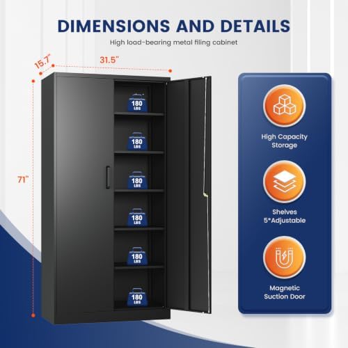 Yizosh Metal Garage Storage Cabinet with 2 Doors and 5 Adjustable Shelves - 71" Steel Lockable File Cabinet,Locking Tool Cabinets for Office,Home,Garage,Gym,School (Black) - Image 3