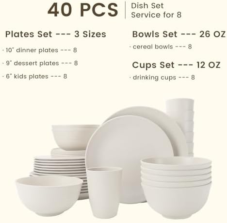 Homienly 40- Pieces Wheat Straw Dinnerware Set, Service for 8, Lightweight Roud Plates and Bowls Set, Unbreakable Dishes Set- Dinner Plates, Bowls, Cups,Microwave and Dishwasher Safe(White) - Image 2