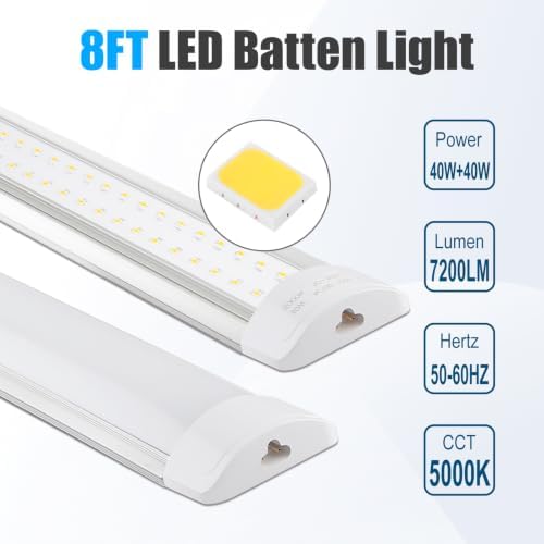 4 Packs 8FT LED Batten Light with 0.5m Cable, Ultra-Thin Ceiling Surface Mounted Light, 80W, 5000K, IP20, LED Ceiling Lamp for Garage, Shop, Hallway, Office, Market - Image 3