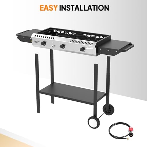 ROVSUN 3 Burner Propane Stove with Auto Ignition, 225,000 BTU Gas Stove with Side Shelves, Rolling Wheels & Regulator for Home Outdoor Backyard Camping Cooking Frying Brewing Canning - Image 4