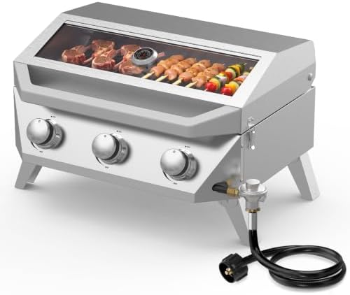 BESTFIRE 3 Burner Propane Grill, 30000 BTU Stainless Steel Tabletop BBQ, Portable Gas BBQ with Glass Lid, Thermometer & Dual Tank Adapter for 1lb/20lb, Outdoor Camping Tailgating 29.72" Wide by GrillsOutdoorCooking