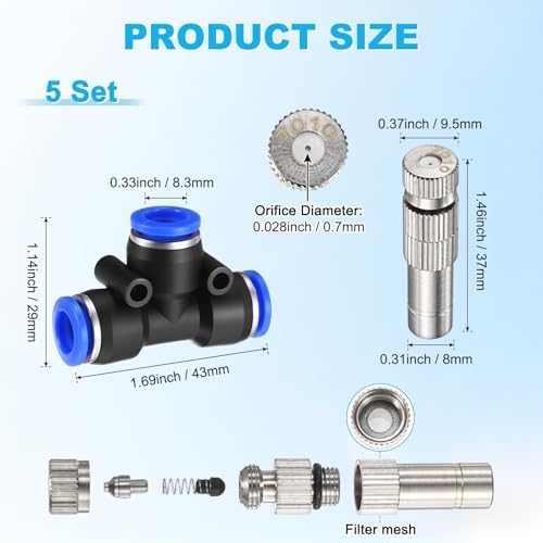 M METERXITY 5-Set Brass Misting Nozzles Tees Kit, 0.028"/0.7mm Orifice Mister Replacement Nozzles with Filter Mesh for Outdoor Cooling System/Greenhouse, Water Misting Nozzle Tees Kits - Image 3