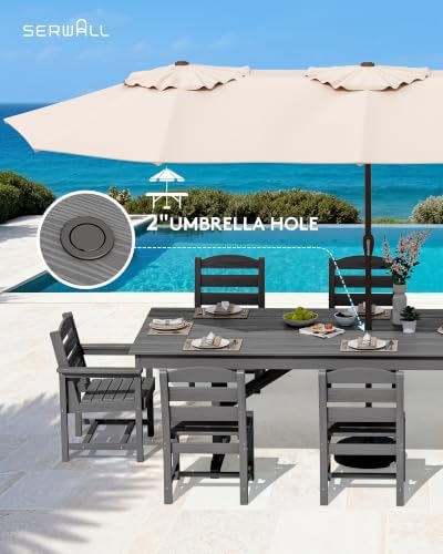 SERWALL 9Pcs HDPE Outdoor Dining Set w/6 Armless, 2 Armchairs for 8,Gray - Image 5
