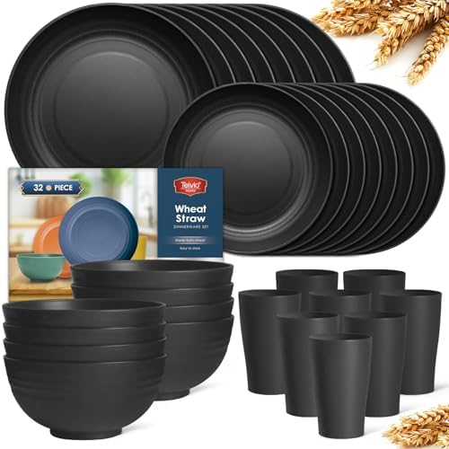 Teivio 32-Piece Plates and Bowls Sets for 8, Deep Black Dinnerware Sets by Teivio