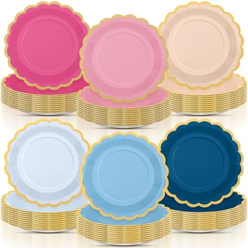 96 Pcs Pink Rose Navy Blue Paper Plates 9 Inch Gradient Scalloped Paper Plates Disposable Dinner Dessert for Dancing Queen Birthday Wedding Bridal Party Supplies, 6 Colors by Tiangrid