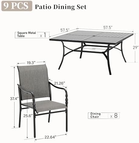 MIXPATIO 9pc Patio Dining Set, 57.5" Square Table, 8 Textilene Chairs - Image 6