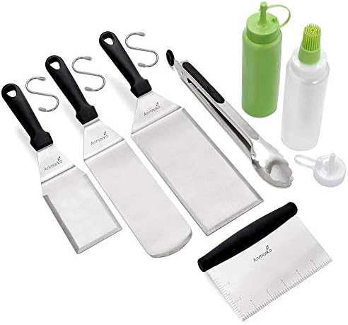 Metal Spatula and Scraper Set - Griddle Accessories kit - Grill Tongs Flat Spatula Pancake Flipper Hamburger Turner Squeeze bottles Set - Metal Utensil Great for BBQ Grill Flat Top Cast Iron by Anmarko