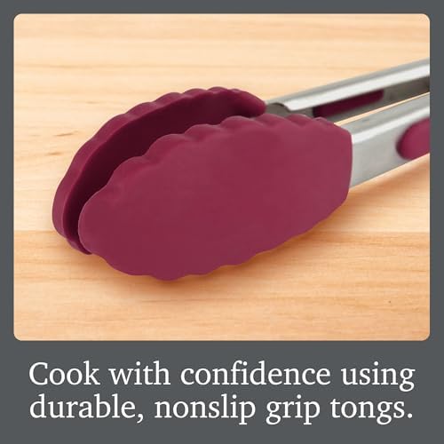 Tovolo Stainless Steel Tongs with Silicone Tip Set 9" 12" with Easy Lock Mechanism for Grilling Air Fryer Cooking Serving Salad, Heat Resistant Silicone Tipped Kitchen Tongs Sangria Red Black - Image 2