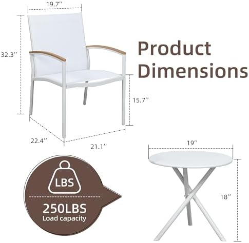 Shintenchi 3 Pieces Patio Bistro Sets, Outdoor Textilene Fabric Conversation Bistro Set, Textilene Fabric Front Porch Chairs Small Patio Furniture Set with Table for Lawn,Garden,Balcony (White) - Image 6