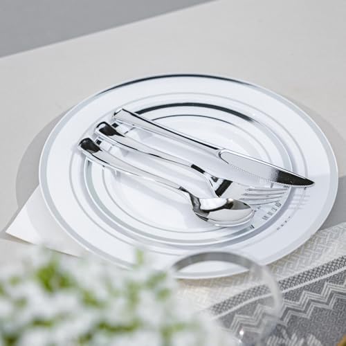 N9R 600PCS White and Silver Plastic Plates, Disposable Dinnerware Set - Image 6