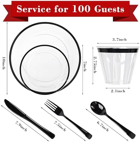 N9R 600PCS Clear Black Plastic Plates, Disposable Dinnerware Set for Party - Image 2