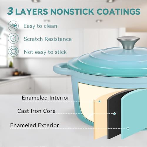 Miereirl 6 Quart Enameled Dutch Oven Pot with Lid, Cast Iron Dutch Oven with Dual Handles for Bread Baking, Cooking, Non-stick Enamel Coated Cookware, Light Blue - Image 4
