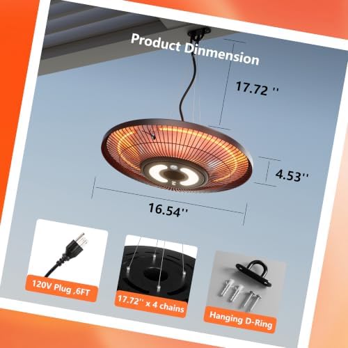 Hanging Heater,Electric Patio Heater with Light,Wifi Control, 1500W Infrared 2 Heat Levels, 24H Timers, Ceiling Mounted, 1s Heating Carbon Fiber Tube Heater for Backyard, Garage - Image 4
