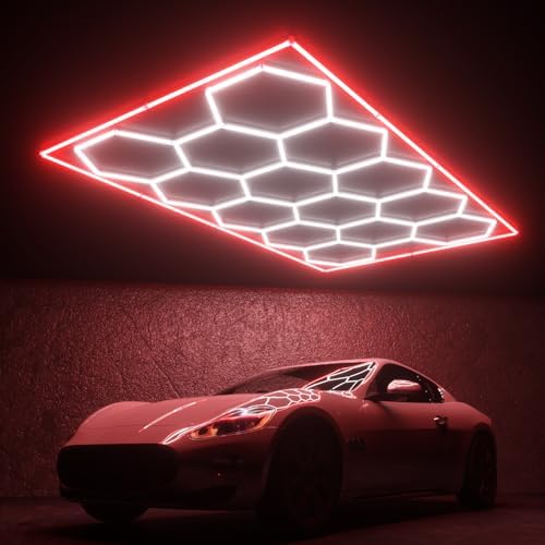 Hexagon Garage Lights, 14 Grids Hexagon LED Lights with Rectangle Frame, 603W 6500K Super Bright Honeycomb Light for Warehouse, Car Detailing Shop, Exhibition Hall, Gym(Red) by WelcometovisitLitezone