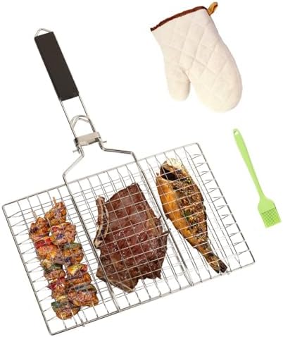 Fish Grill Basket BBQ Grilling Rack Kabob Veggies Shrimp Stainless Steel Cage Holder with Cleaning and Oil Brushes Oven Gloves by Unknown