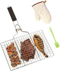 Fish Grill Basket BBQ Grilling Rack Kabob Veggies Shrimp Stainless Steel Cage Holder with Cleaning and Oil Brushes Oven Gloves by Unknown