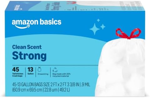 Amazon Basics Tall Kitchen Drawstring Trash Bags, Clean Scent, 13 Gallon, 45 Count, Packaging May Vary by AmazonBasics