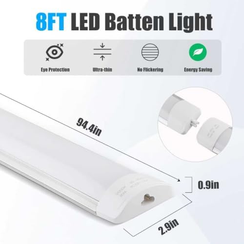 4 Packs 8FT LED Batten Light with 0.5m Cable, Ultra-Thin Ceiling Surface Mounted Light, 80W, 5000K, IP20, LED Ceiling Lamp for Garage, Shop, Hallway, Office, Market - Image 2