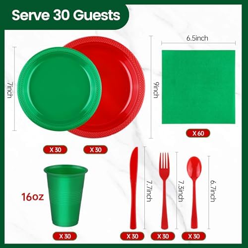 Kochorie 240 Pieces Christmas Plastic Dinnerware Set Disposable Heavy Duty Plates Napkins Cups Silverware Dessert Dinner Plates for Birthday Wedding Party Supplies, Serves 30 Guests, Red and Green - Image 2