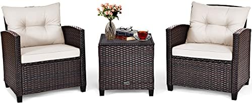 Tangkula 3 Pieces Patio Furniture Set, PE Rattan Wicker 3 Pcs Outdoor Sofa Set w/Washable Cushion and Tempered Glass Tabletop, Conversation Furniture for Garden Poolside Balcony (White) by TANGKULA
