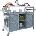 Outdoor Kitchen Island with Stainless Steel Top, Rolling Bar Cart & Storage Cabinet, 100% Solid Fir Wood BBQ Prep Station Grill Table with Spice Rack & Towel Holder (Gray Blue, 50-Inch) by Unknown