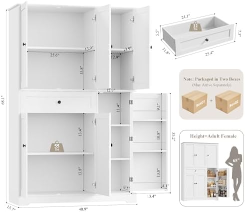 HOSTACK 68" Tall Kitchen Pantry Storage Cabinet with Doors & Shelves, White - Image 3