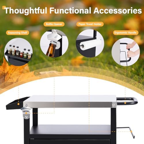 VINGLI Outdoor Grill Table Cart with Cabinet, Stainless Steel Movable Kitchen Island with Large Storage Cabinet, Multifunction Food Prep Table with Bottle Opener and Seasoning Tray, for Patio, Home - Image 2