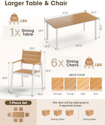 Outdoor Dining Set for 6, Aluminum Patio HDPS Outdooor Table and Chairs Set with Umbrella Hole, All Weather Patio Furniture Set, 7 Peice Patio Dining Table Set (White & Teak) - Image 6