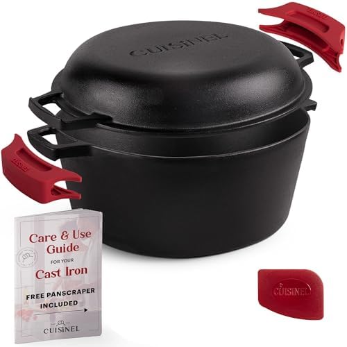 Cuisinel 7-Quart Cast Iron Dutch Oven + Pan Scraper + Silicone Handle Grips - 2-in-1 Pot+Pan Combo Skillet - Pre-Seasoned Indoor/Outdoor Cookware + Instruction & Care Booklet by Cuisinel