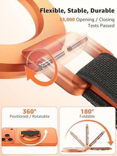 SUPERONE Magnetic Phone Grip with Finger Strap, Orange Magnetic Ring Holder - Image 5
