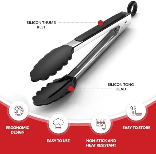 Kitchen Tongs for Cooking with Silicone Tips by Boxiki Kitchen, BPA Free Stainless Steel set of 2 Silicone Tongs for Cooking, Grilling & Toss a Salad, Heat Resistant Grill Tongs for Serving BBQ Food. - Image 2