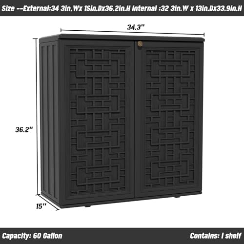 Mrosaa Outdoor Storage Cabinet Waterproof with Shelf,Resin Storage Sheds Outdoor Cabinets for tub Towels/Chemicals/Grill Items/Patio/Garden/Backyard, Size 34.3''L*15''W*36.2''H（Black） - Image 5