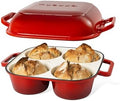 QuadPro Enamelled Cast Iron Bread Loaf Pot – Dutch Oven for Sourdough Bread Baking – 500°F Oven Safe Non Stick Bread Pot – 4 Round Loaf Spaces (4.90-inch Diameter), Red – by Nuovva by Nuovva
