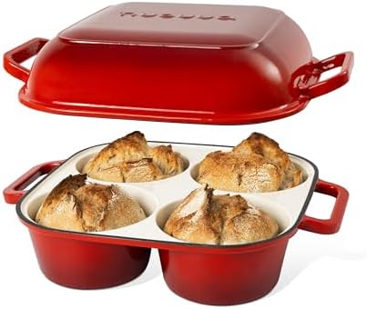 QuadPro Enamelled Cast Iron Bread Loaf Pot – Dutch Oven for Sourdough Bread Baking – 500°F Oven Safe Non Stick Bread Pot – 4 Round Loaf Spaces (4.90-inch Diameter), Red – by Nuovva by Nuovva