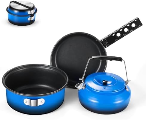 Odoland 5pcs Camping Cookware Non-Stick Camping Pot and Pan Set with Kettle and Removable Handle for Hiking Backpacking and Picnic - Image 2