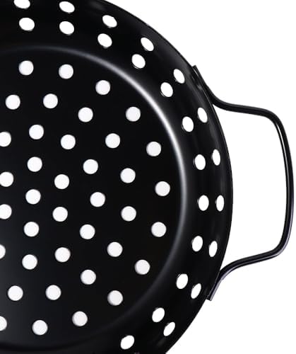 Round Grill Wok with Handle,Carbon Steel Grill Pan With Holes,Non-Stick Grilling Skillet,Round Grill Pan,Grill Basket For Seafood,Vegetable,Meat - Image 4