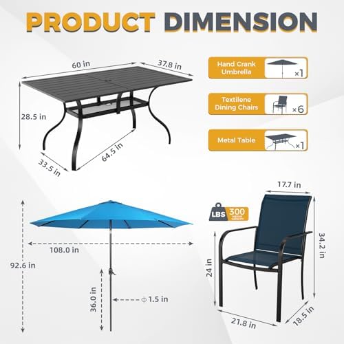 Incbruce 8 Pieces Patio Dining Set with Sky Blue Umbrella, Outdoor Dining Set of 6 Textilene Chairs and Rectangle Table with Umbrella Hole for Backyard, Garden, and Poolside (Blue) - Image 2