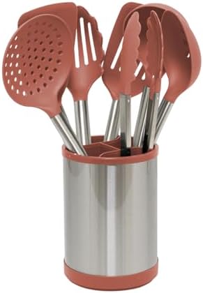 Glad Kitchen Utensils Set, 8pcs - Nonstick Cooking Tools with Stainless Steel Handles & Rotating Utensil Holder - Turners, Ladle, Spoon, Tongs, Spaghetti Server, and Skimmer - Dishwasher Safe, Rust by GladTrashFoodStorage