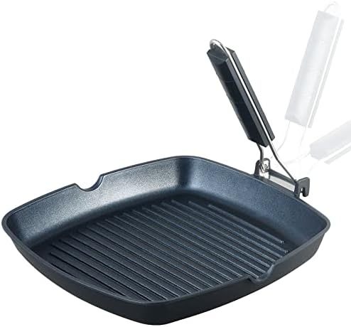 S·KITCHN Grill Pan with Folding Handle, Nonstick Grilling Pan for Stove Tops, Induction Compatible Square BBQ Pan with Pour Spouts - 11 in by S%C2%B7KITCHN