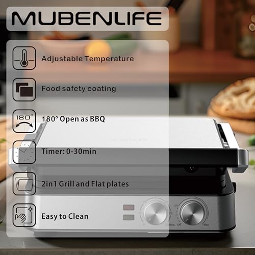 Panini Press,4 Slices Contact Grill with Removable Non-Stick Coated Grill and Flat Plates,Panini Makers with Temperature Control and Timer,Open 180 Degrees,Grill and Griddle (Silver wtih Full SUS) - Image 3