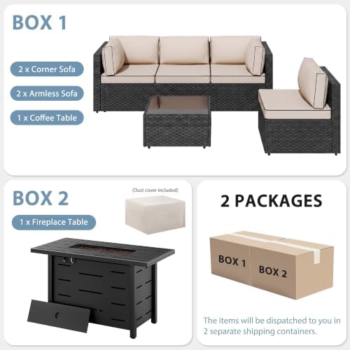Shintenchi 6 Piece Outdoor Patio Furniture Set with 43 Inch Propane Fire Pit, Washable Cushions, Glass Coffee Table, Waterproof Cover & CSA Certified for Backyard Poolside, Black PE Rattan/Khaki - Image 7